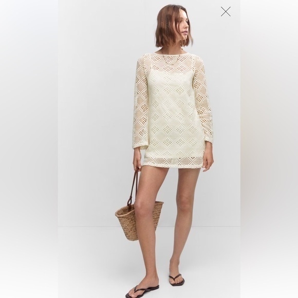 Mango Beige Boho Festival Crochet Beach Summer Tunic  Mini Dress Sz 14 - Picture 3 of 11